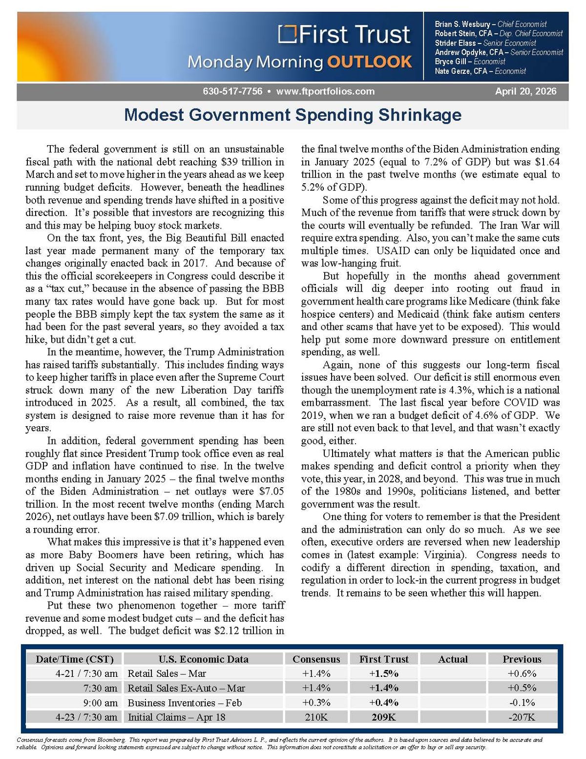 First Trust Monday Morning Outlook – April 20, 2026 – Modest Government Spending Shrinkage