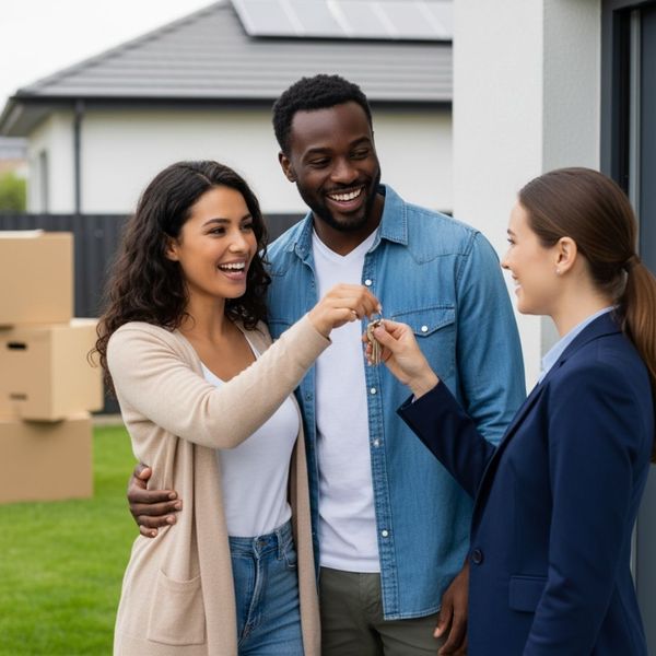 Happy diverse couple receiving house keys from a real estate agent.