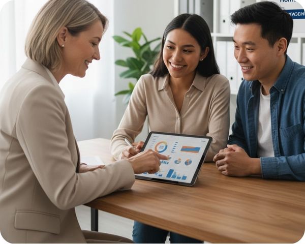 A diverse young couple reviews financial charts on a tablet with a smiling real estate agent in a modern office