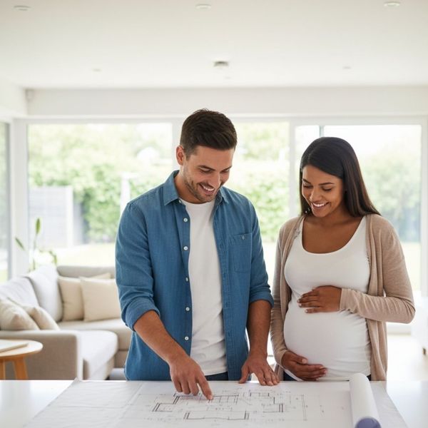 A smiling pregnant woman and man look at house plans on a table in a bright, modern home.