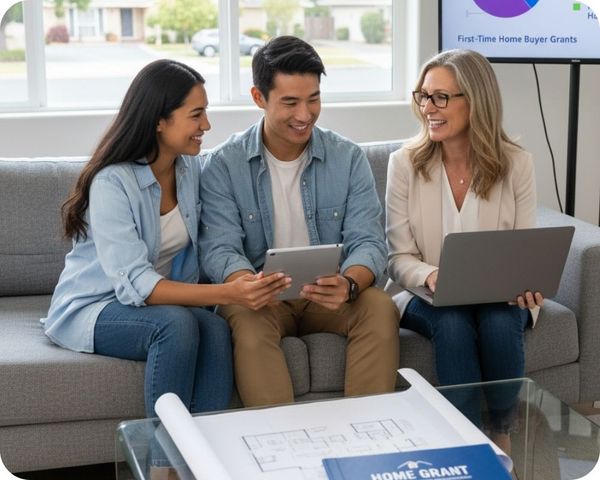 couple reviews financial charts on a tablet with a smiling real estate agent 