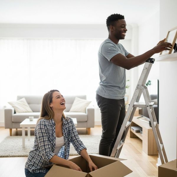 Young couple happily unpacking boxes in their new home.