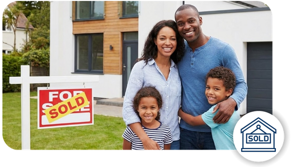 A happy family stands in front of their new home with a "sold" sign, having used home buying assistance