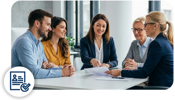 A diverse group of people, including first-time and repeat buyers, consult with a real estate professional