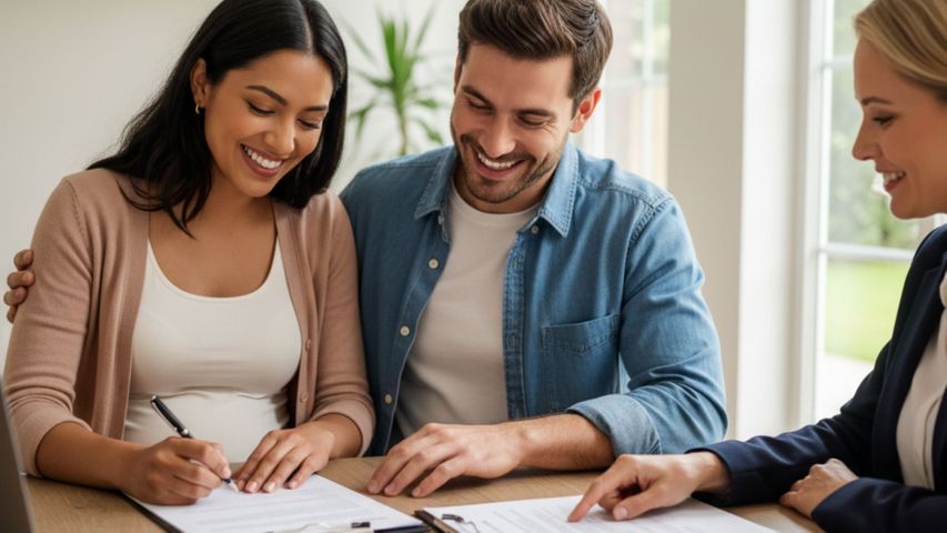 Smiling couple happily signing official paperwork with a notary or agent.