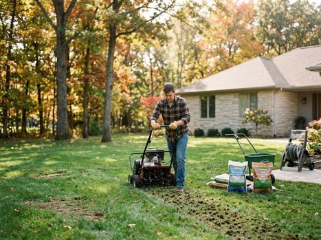 A man in a plaid shirt uses a core aerator on his green lawn, surrounded by fall trees and a house. Soil plugs are visible on the grass. Man Aerating Lawn in Autumn
