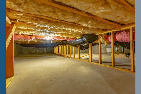 A well-lit crawlspace with insulation