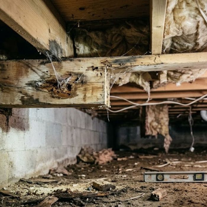 Rotted wooden beams and floor joists damaged by water and mold