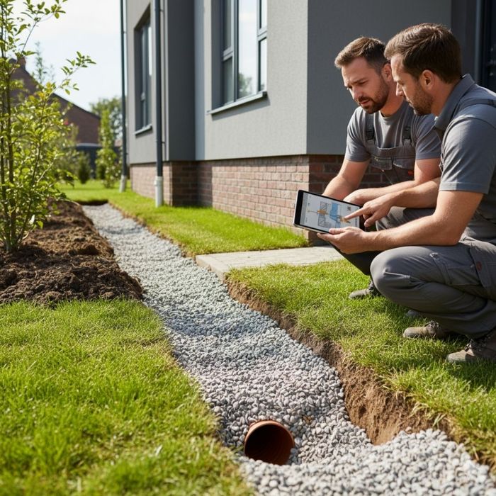 Two professionals discuss plans on a tablet while kneeling beside a newly installed outdoor French drain in a grassy area. Two professionals discuss plans on a tablet while kneeling beside a newly installed outdoor French drain in a grassy area.