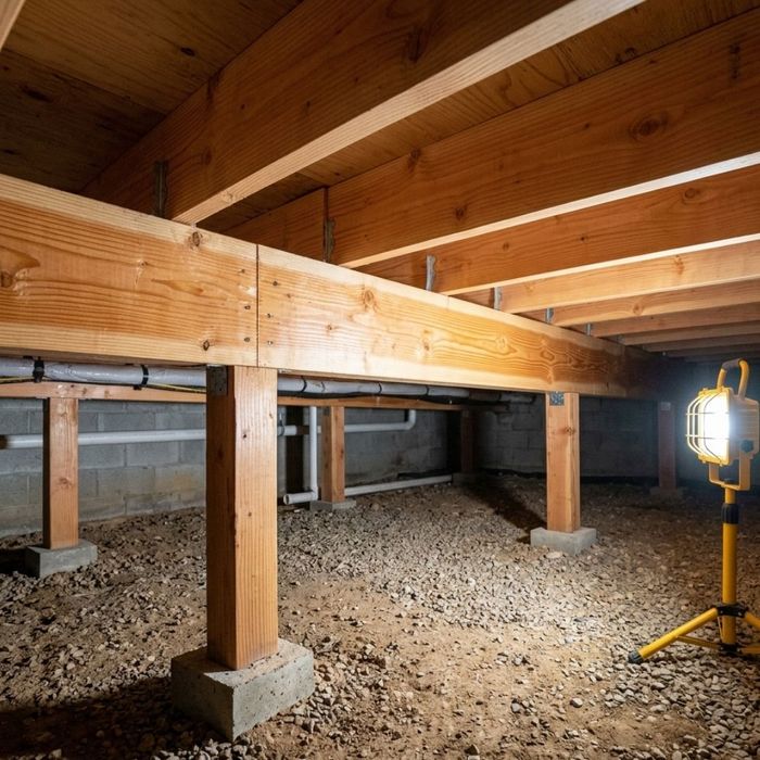 Freshly treated and perfectly sealed wooden structural beams inside a clean, dry residential crawlspace.
