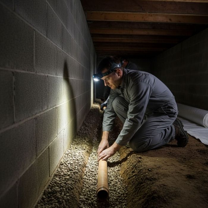 A professional with a headlamp carefully places a drainage pipe into a gravel-lined trench within a crawl space.