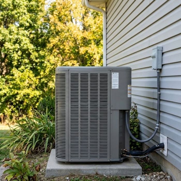 Outdoor air conditioner compressor unit in backyard