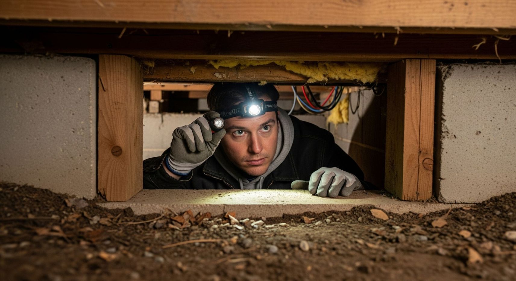 A person looking into a home's crawl space