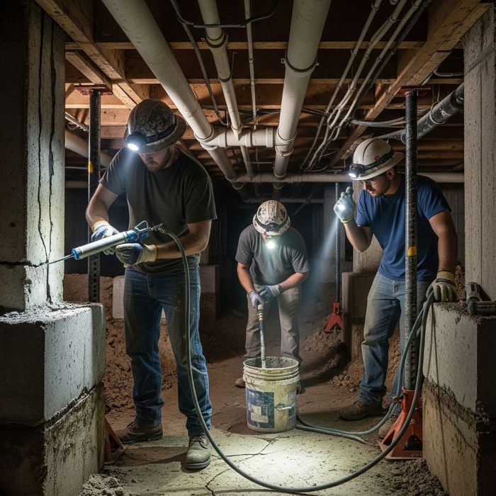 A team of professionals repairing a foundation in a crawl space