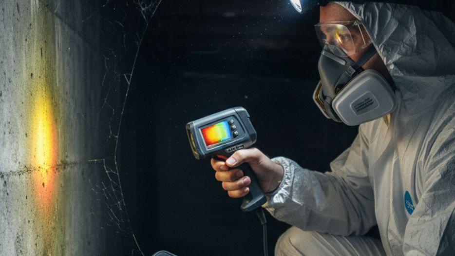 technician uses moisture meter in crawl space