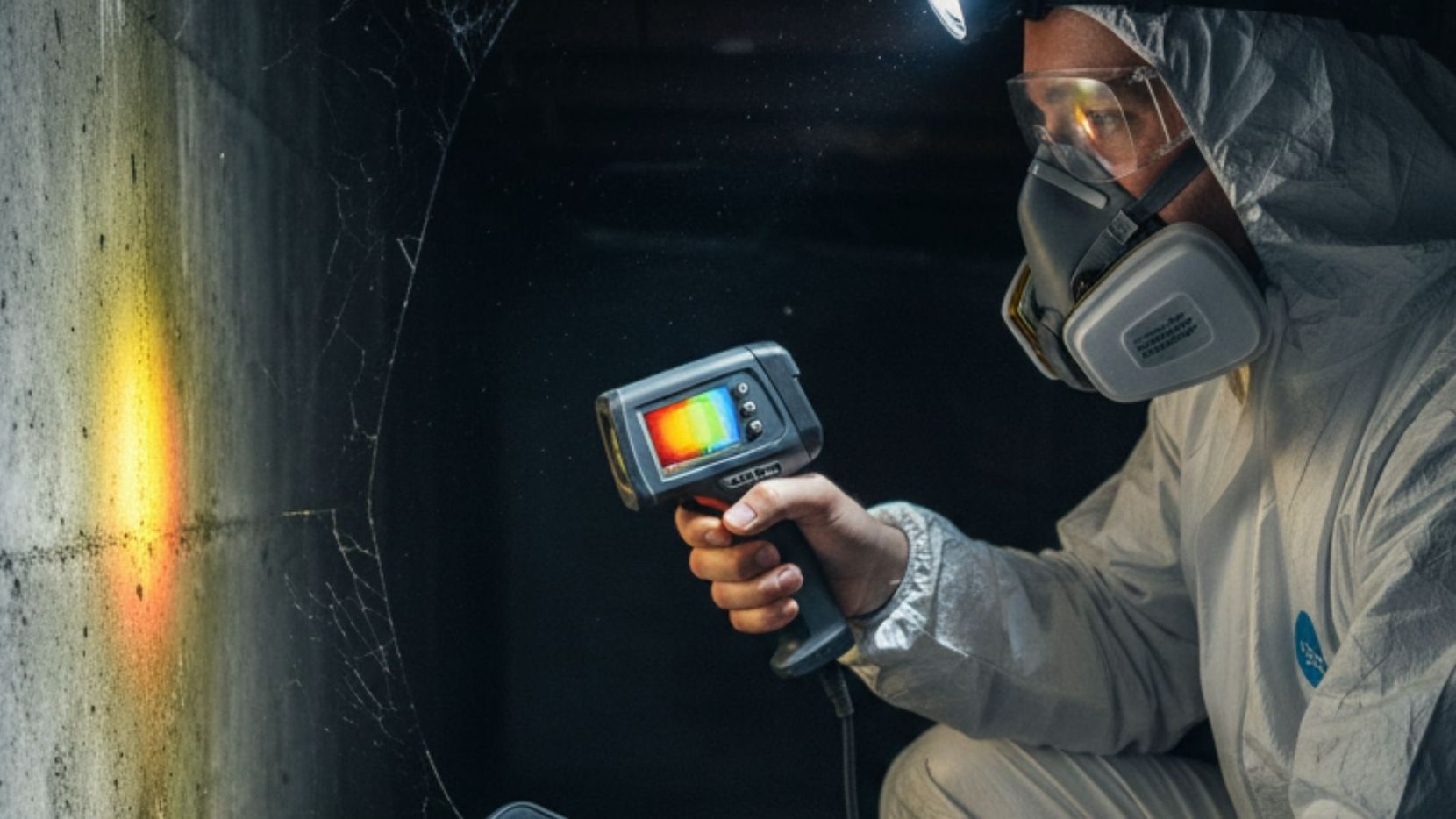 technician uses moisture meter in crawl space