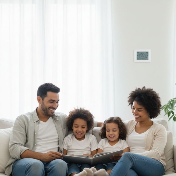A diverse family of four, including two young girls, smiles happily while reading a book together on a comfortable sofa in their bright living room. A diverse family of four, including two young girls, smiles happily while reading a book together on a comfortable sofa in their bright living room.