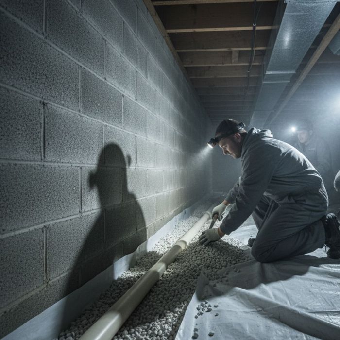 A team of three professionals in headlamps and jumpsuits installs an interior French drain system along a concrete block wall in a dimly lit crawl space. A team of three professionals in headlamps and jumpsuits installs an interior French drain system along a concrete block wall in a dimly lit crawl space.