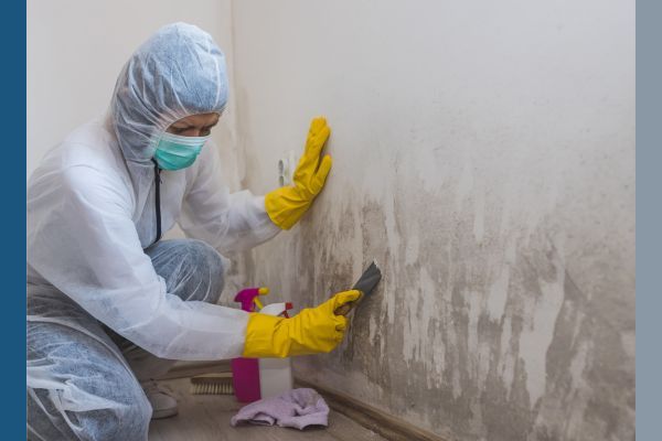 A worker in protective gear scraping mold off a wall