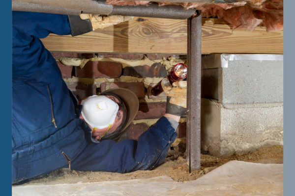 man in a crawlspace inspecting. 