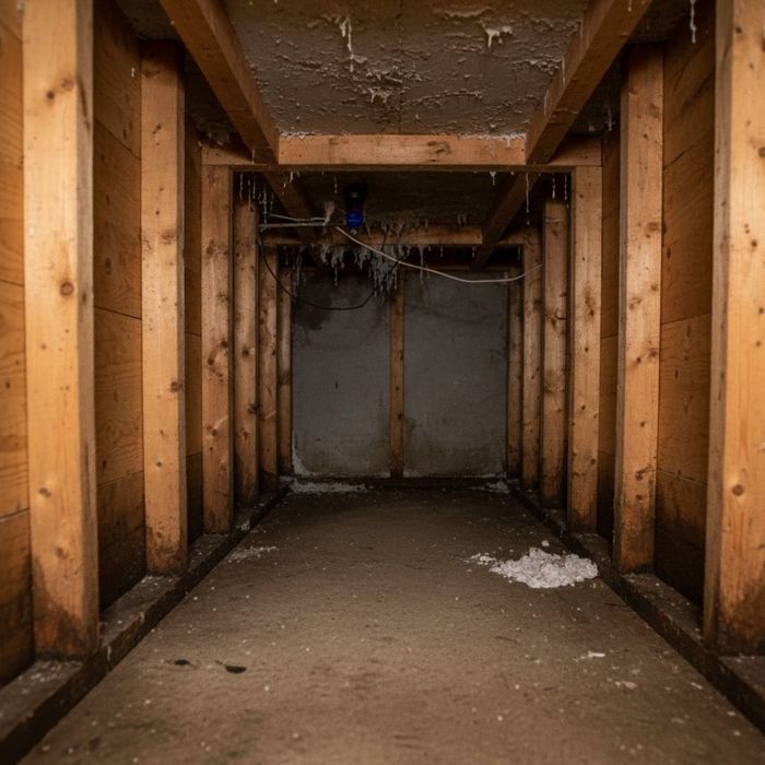 A narrow, untreated crawl space shows signs of moisture on wooden beams and a damp dirt floor. A narrow, untreated crawl space shows signs of moisture on wooden beams and a damp dirt floor.