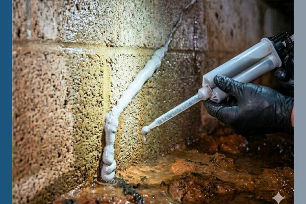 A technical macro stock photo inside a South Carolina crawl space, focusing on a foundation wall crack being professionally sealed with durable polyurethane injection foam by Crawl Space Specialists LLC to permanently stop groundwater seepage.