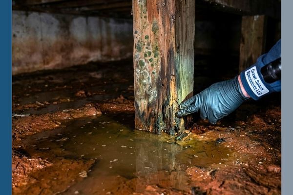 A close-up stock photo taken inside a damp crawl space showing significant standing water pooling over red clay soil and rotting wood, illustrating the structural risks discussed by Crawl Space Specialists LLC.