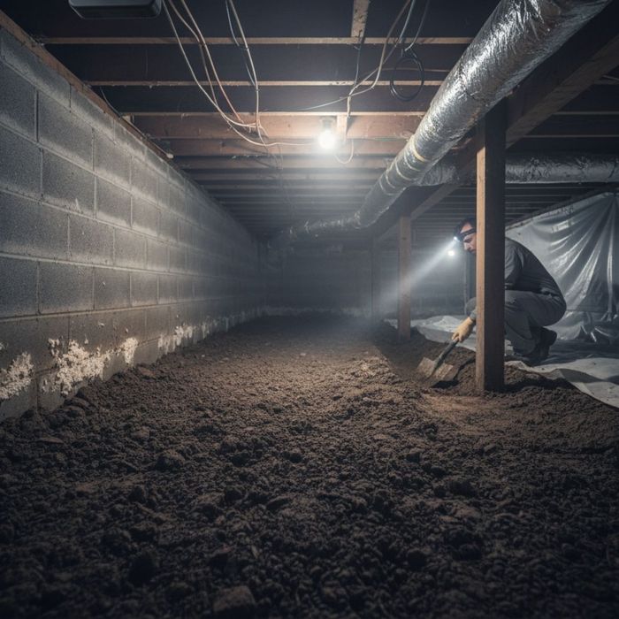 A worker with a headlamp uses a shovel in a dark, dusty crawl space with an exposed dirt floor and concrete block walls. A worker with a headlamp uses a shovel in a dark, dusty crawl space with an exposed dirt floor and concrete block walls.
