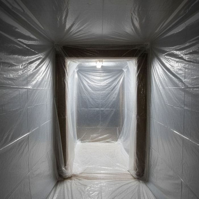 A narrow crawl space entrance is completely sealed with clear plastic sheeting, creating a containment zone for mold remediation. A narrow crawl space entrance is completely sealed with clear plastic sheeting, creating a containment zone for mold remediation.