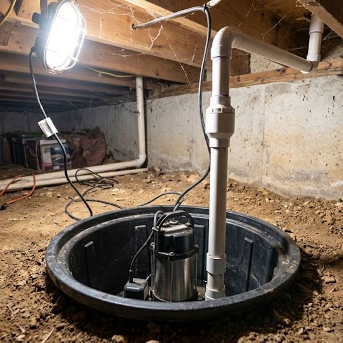 Sump pump basin with discharge pipe installed in a crawl space