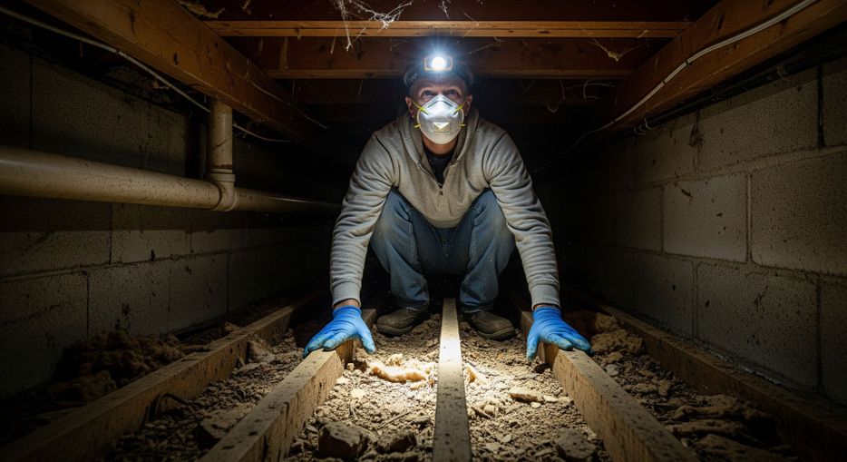 A homeowner wearing gloves and a mask in a crawl space