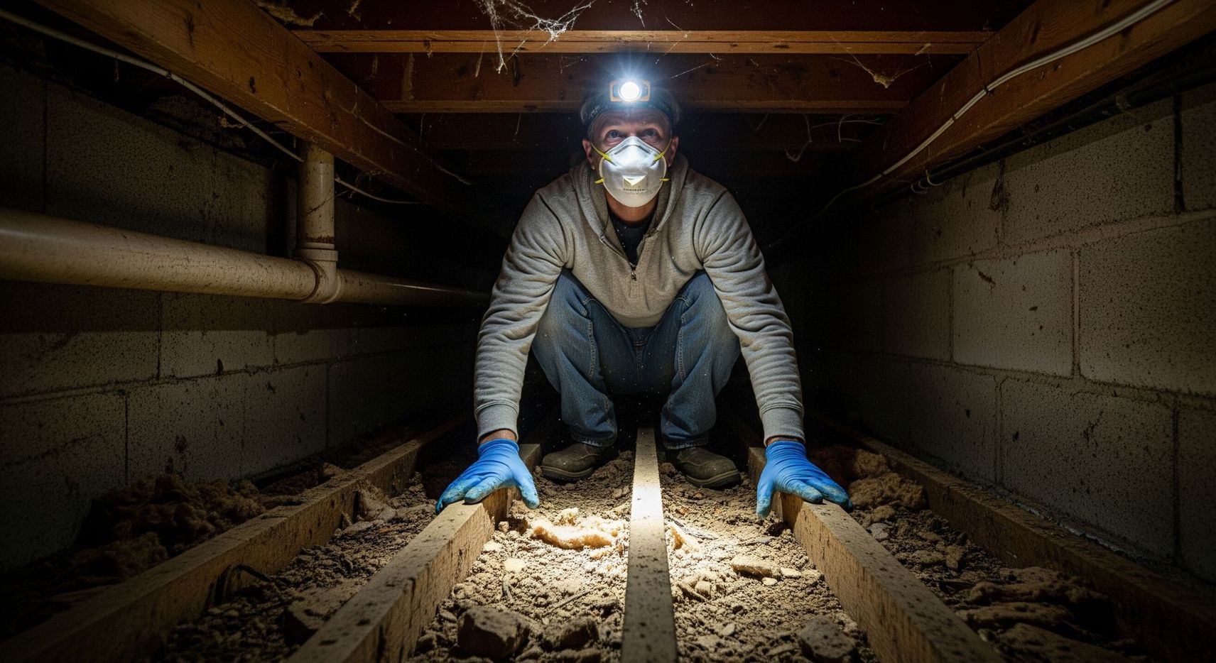 A homeowner wearing gloves and a mask in a crawl space