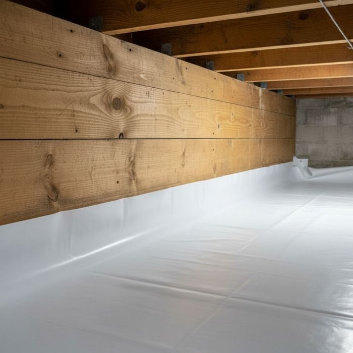A dry wooden support beam in a crawl space resting on a clean, intact vapor barrier.