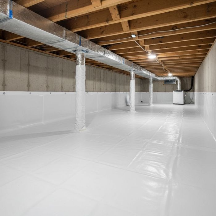 A completely encapsulated crawl space features a pristine white vapor barrier covering the floor and walls, with support piers wrapped in the same material. A completely encapsulated crawl space features a pristine white vapor barrier covering the floor and walls, with support piers wrapped in the same material.