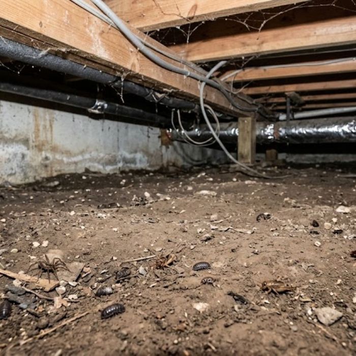 Dirt floor crawl space with exposed wooden floor joists