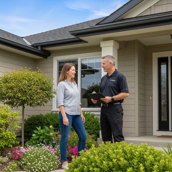 A homeowner speaking with a professional outside a home.