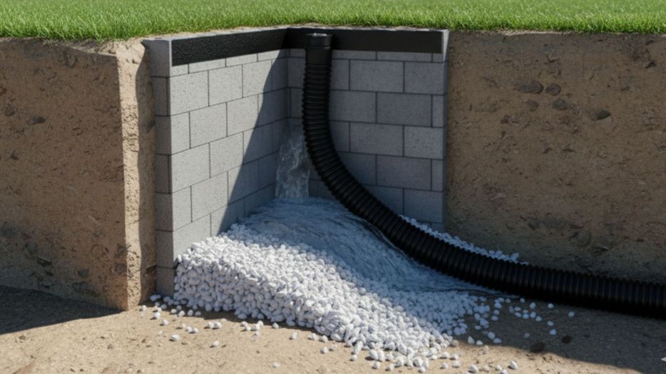 A clear depiction of a French drain system diverting water from a dry home foundation.