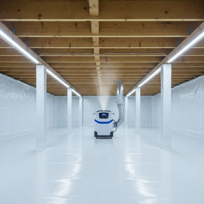 A professional-grade dehumidifier sits on a clean, encapsulated crawl space floor.