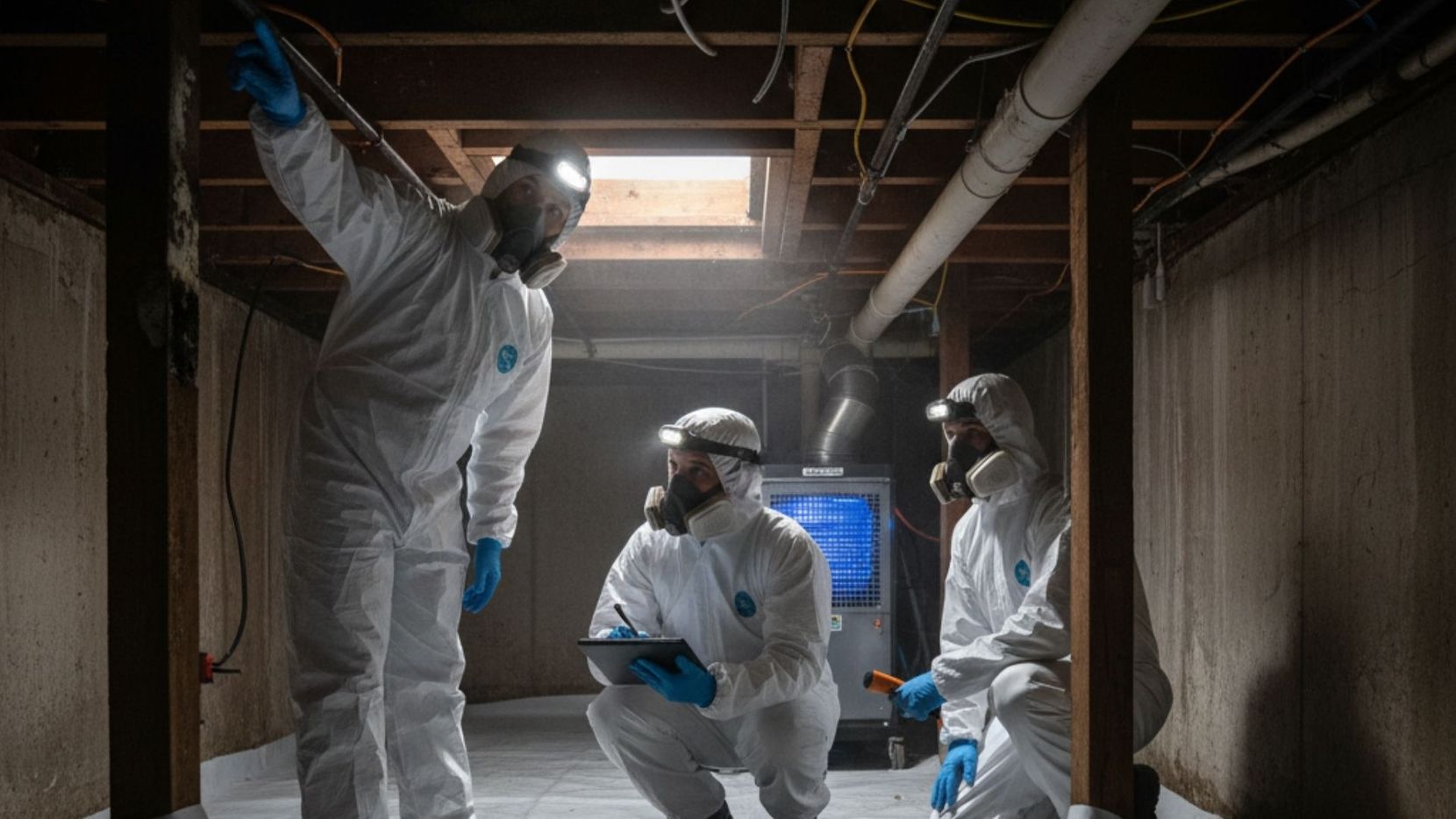 A team of mold remediation specialists in protective suits uses flashlights to inspect a dark, damp crawl space with exposed pipes and a vapor barrier on the ground.