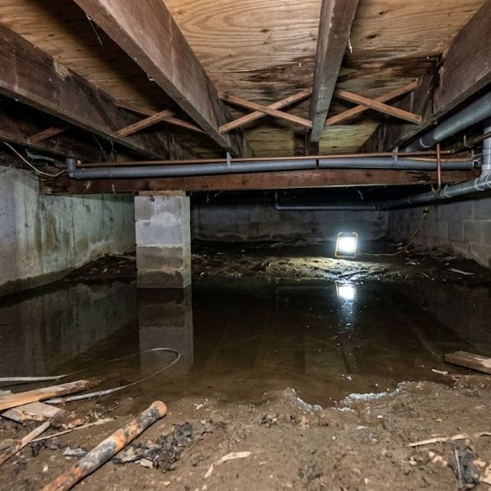 Flooded crawl space with standing water on dirt floor