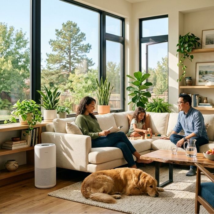 A brightly lit, comfortable living room showcasing a healthy home environment with excellent indoor air quality.