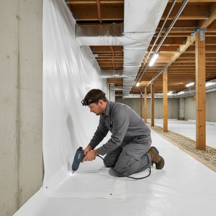 A professional in a jumpsuit and headlamp heat-welds a white vapor barrier to a concrete wall in a crawl space. A professional in a jumpsuit and headlamp heat-welds a white vapor barrier to a concrete wall in a crawl space.