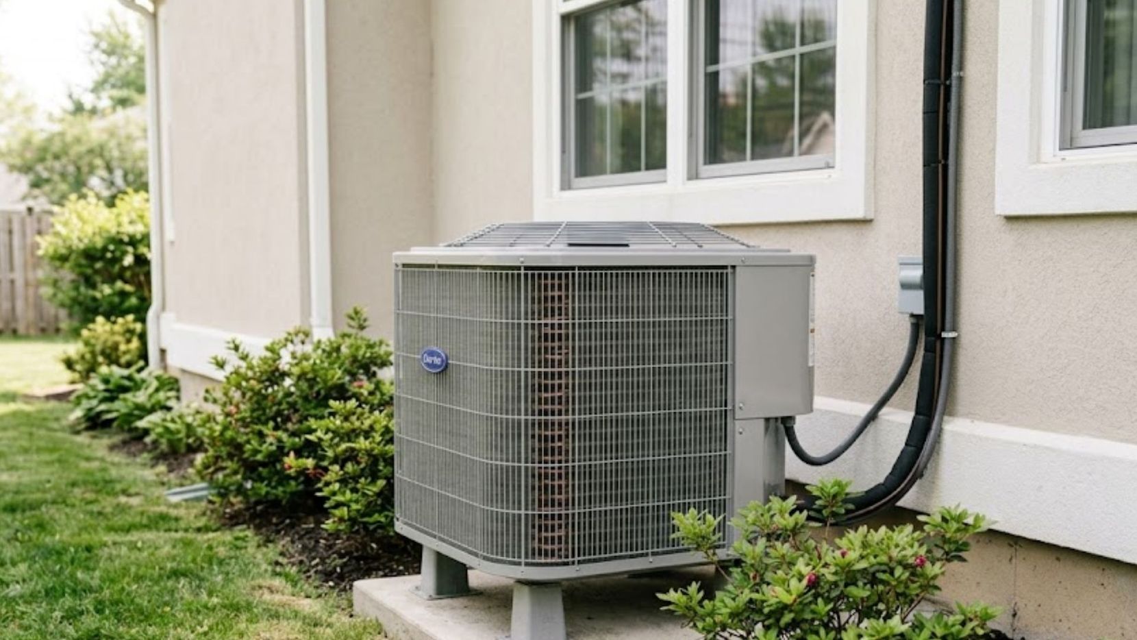 Outdoor HVAC unit next to residential house wall