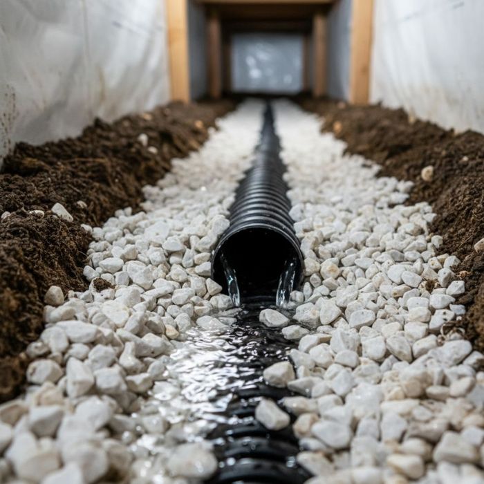 Water flowing into a perforated pipe in a gravel-filled trench, demonstrating a French drain's function.