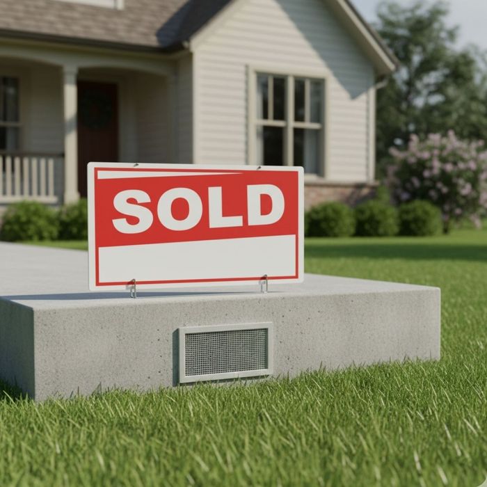 A "Sold" sign in front of a well-maintained house with a visible, clean crawl space vent, indicating enhanced property value.
