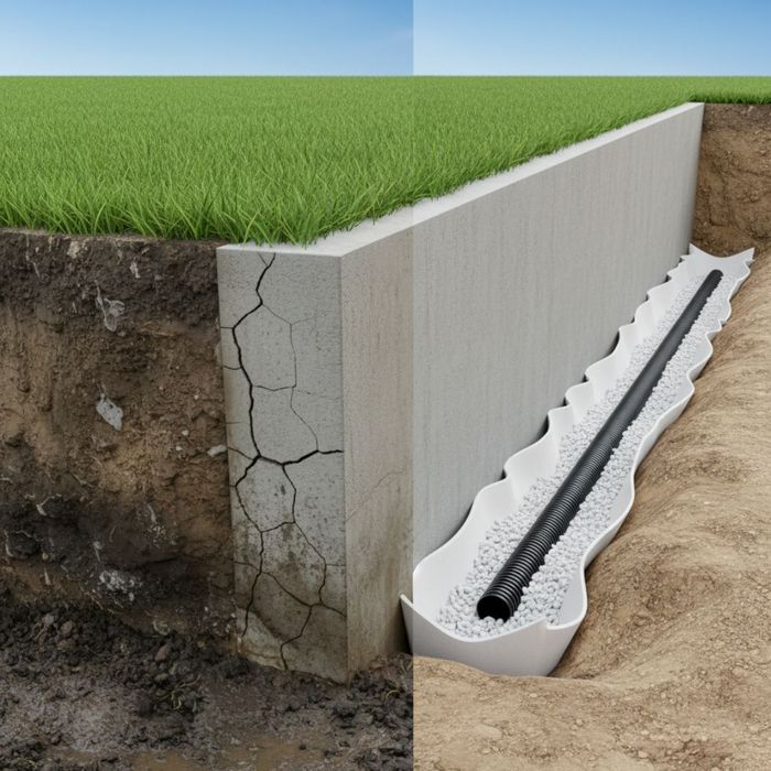A house foundation shows a stark contrast between water-damaged cracks and an area protected by a newly installed French drain.