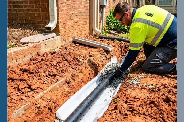 A technical stock photo capturing the installation of an exterior French drain by a Crawl Space Specialists LLC technician, showing perforated pipe, gravel, and fabric to prevent water pooling near the foundation in Georgia or South Carolina.