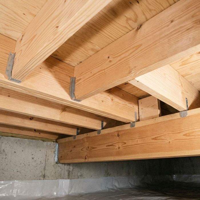 Pristine, dry wooden floor joists showing safe, healthy structural integrity free from fungal growth.