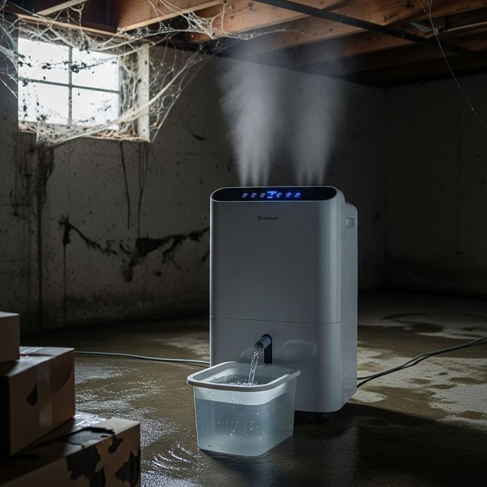 A dehumidifier unit running in a damp basement A dehumidifier unit running in a damp basement