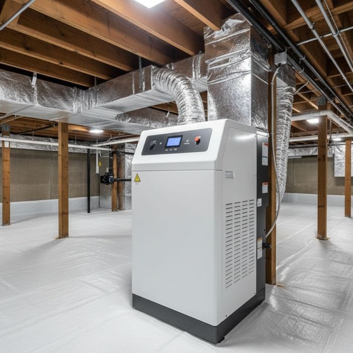 A large industrial dehumidifier sits on a pristine white vapor barrier in a bright, clean crawl space with exposed wooden beams and ductwork. A large industrial dehumidifier sits on a pristine white vapor barrier in a bright, clean crawl space with exposed wooden beams and ductwork.